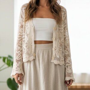 NWT Ultra Pink Beige Crochet Buttoned Cardigan Flare Sleeved Cropped Shrug Top M